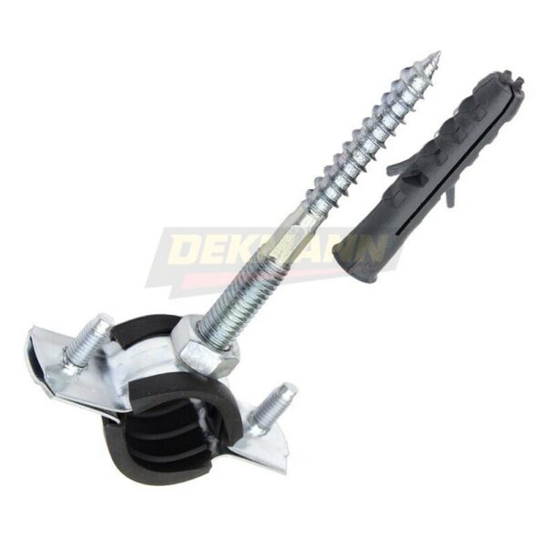 Хомут трубный (комплект) DEKMANN EMCP-NS 1" (32-35 мм) М8х80 с виброгасителем и гайкой, дюбель, шпилька-шуруп Zn (100 шт/уп.)